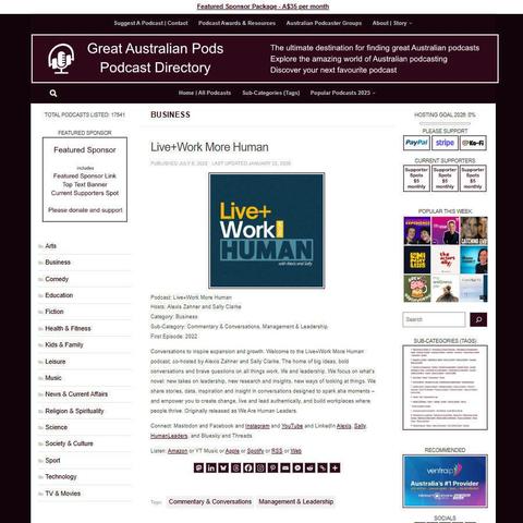 Live+Work More Human
Screenshot of the podcast listing on the Great Australian Pods website
