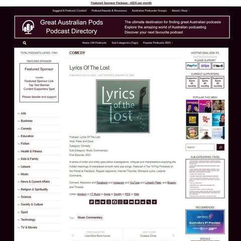 Lyrics Of The Lost 
Screenshot of the podcast listing on the Great Australian Pods website