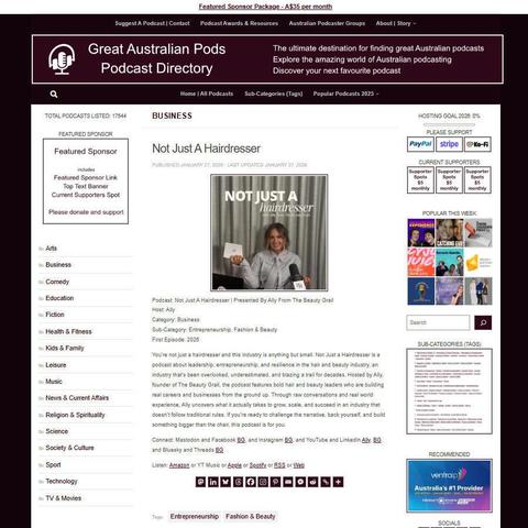 Not Just A Hairdresser | Presented By Ally From The Beauty Grail
Screenshot of the podcast listing on the Great Australian Pods website