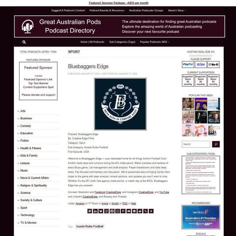 Bluebaggers Edge
Screenshot of the podcast listing on the Great Australian Pods website