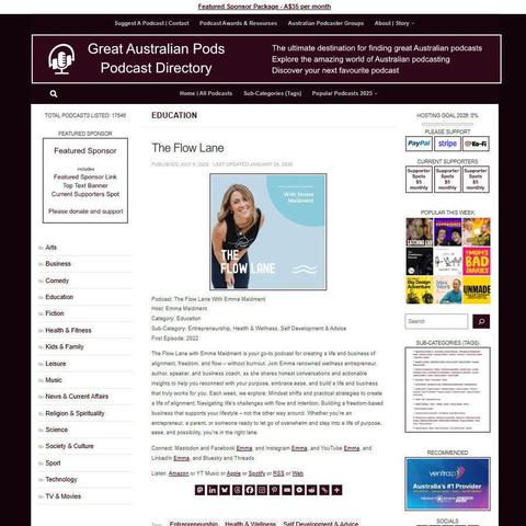 The Flow Lane With Emma Maidment 
Screenshot of the podcast listing on the Great Australian Pods website