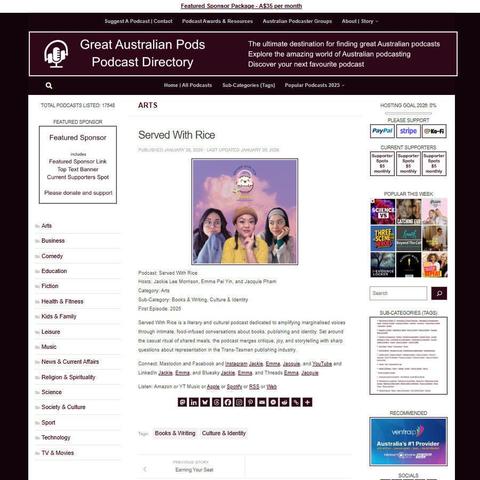 Served With Rice
Screenshot of the podcast listing on the Great Australian Pods website