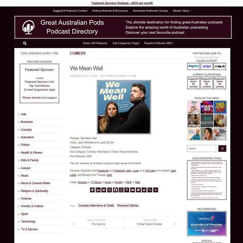 We Mean Well
Screenshot of the podcast listing on the Great Australian Pods website