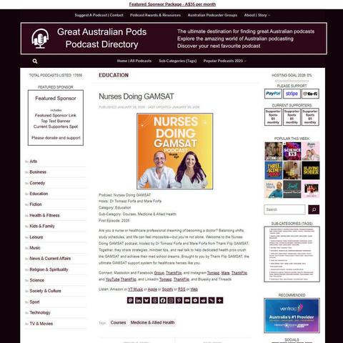 Nurses Doing GAMSAT
Screenshot of the podcast listing on the Great Australian Pods website