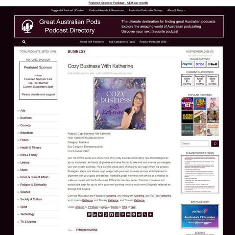 Cozy Business With Katherine
Screenshot of the podcast listing on the Great Australian Pods website