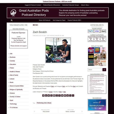 Zach Scratch
Screenshot of the podcast listing on the Great Australian Pods website