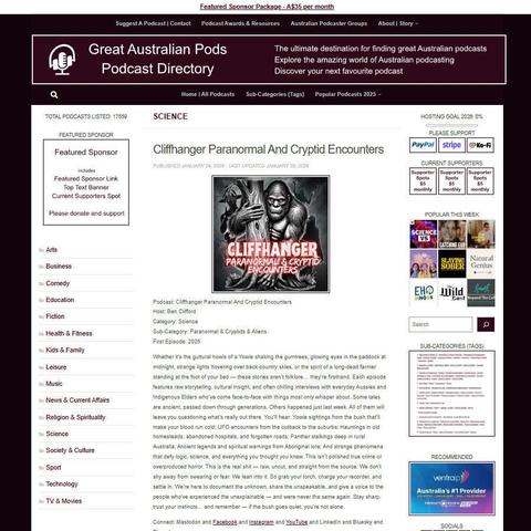 Cliffhanger Paranormal And Cryptid Encounters
Screenshot of the podcast listing on the Great Australian Pods website