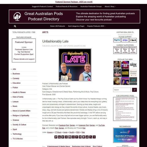 Unfashionably Late Podcast
Screenshot of the podcast listing on the Great Australian Pods website