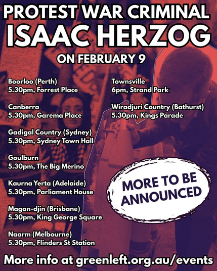 Join nationwide protests against war criminal Israeli President Isaac Herzog, who is due to arrive on February 9.