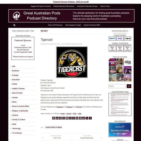 Tigercast
Screenshot of the podcast listing on the Great Australian Pods website
