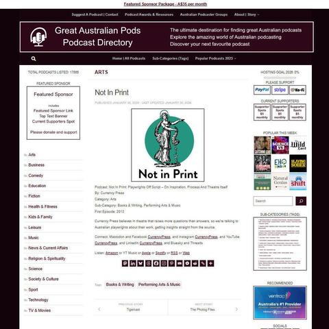 Not In Print: Playwrights Off Script - On Inspiration, Process And Theatre Itself
Screenshot of the podcast listing on the Great Australian Pods website