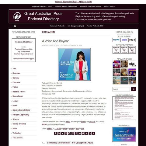 A Voice And Beyond 
Screenshot of the podcast listing on the Great Australian Pods website