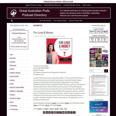 For Love & Money
Screenshot of the podcast listing on the Great Australian Pods website