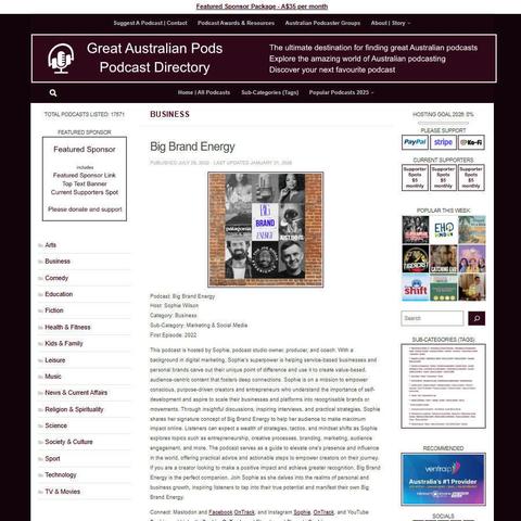 Big Brand Energy
Screenshot of the podcast listing on the Great Australian Pods website