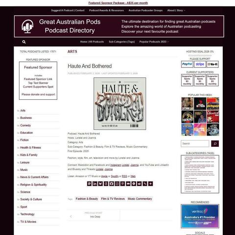 Haute And Bothered
Screenshot of the podcast listing on the Great Australian Pods website