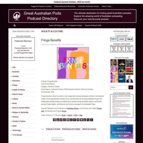 Fringe Benefits
Screenshot of the podcast listing on the Great Australian Pods website