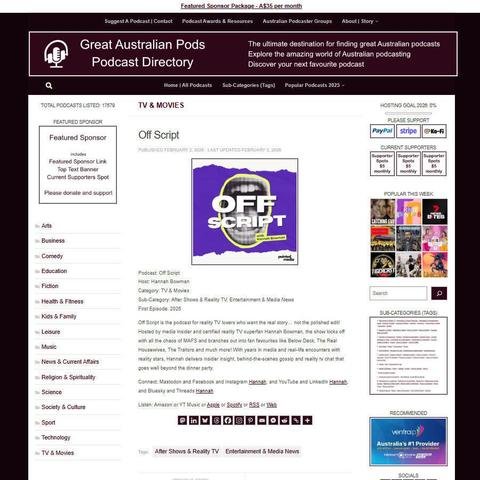 Off Script 
Screenshot of the podcast listing on the Great Australian Pods website