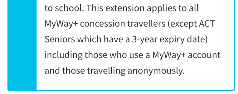 MyWay+ ACT seniors card concession expires every 3 years