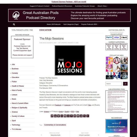 The Mojo Sessions
Screenshot of the podcast listing on the Great Australian Pods website