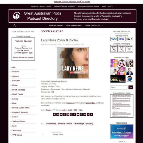 Lady News - Power & Control
Screenshot of the podcast listing on the Great Australian Pods website