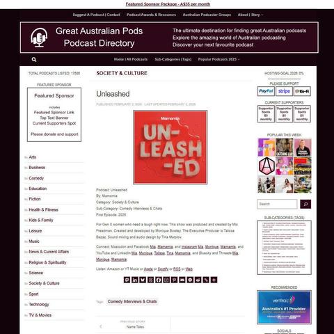 Unleashed
Screenshot of the podcast listing on the Great Australian Pods website
