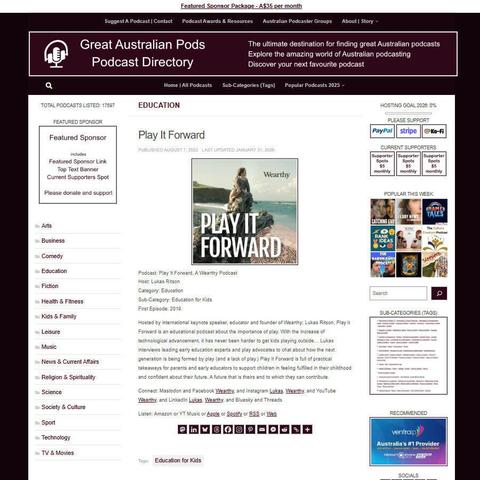 Play It Forward, A Wearthy Podcast 
Screenshot of the podcast listing on the Great Australian Pods website