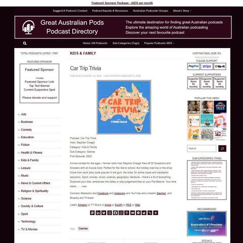 Car Trip Trivia 
Screenshot of the podcast listing on the Great Australian Pods website