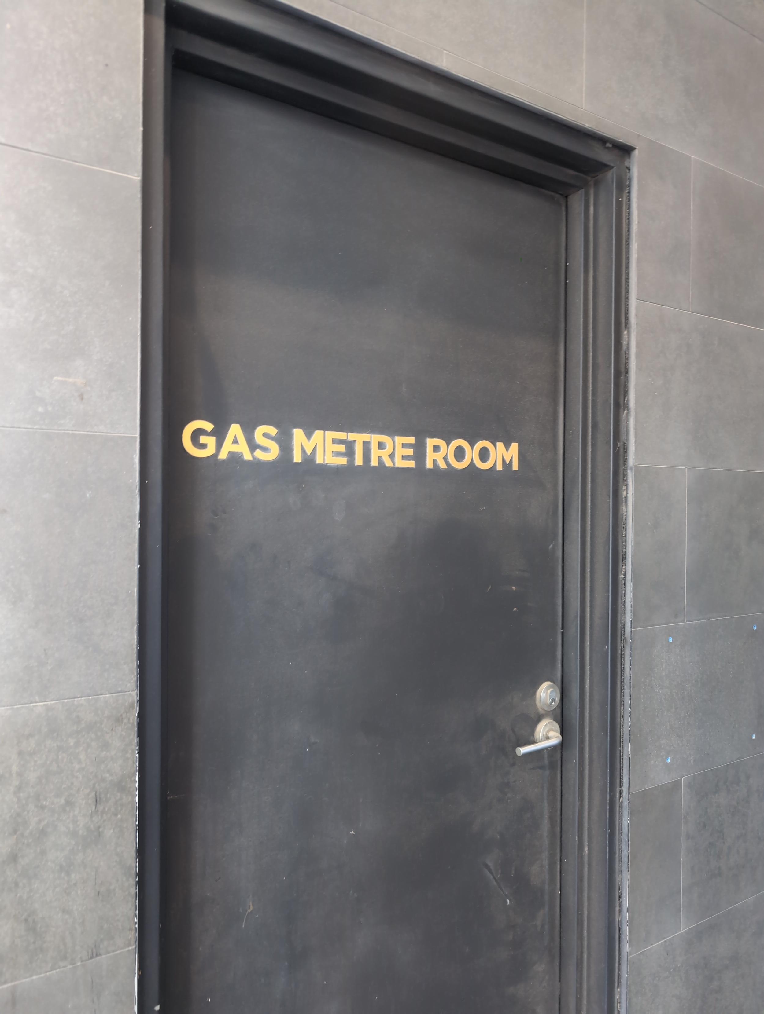 Photo of a door that says "GAS METRE ROOM"
