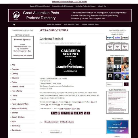 Canberra Sentinel - The Podcast
Screenshot of the podcast listing on the Great Australian Pods website