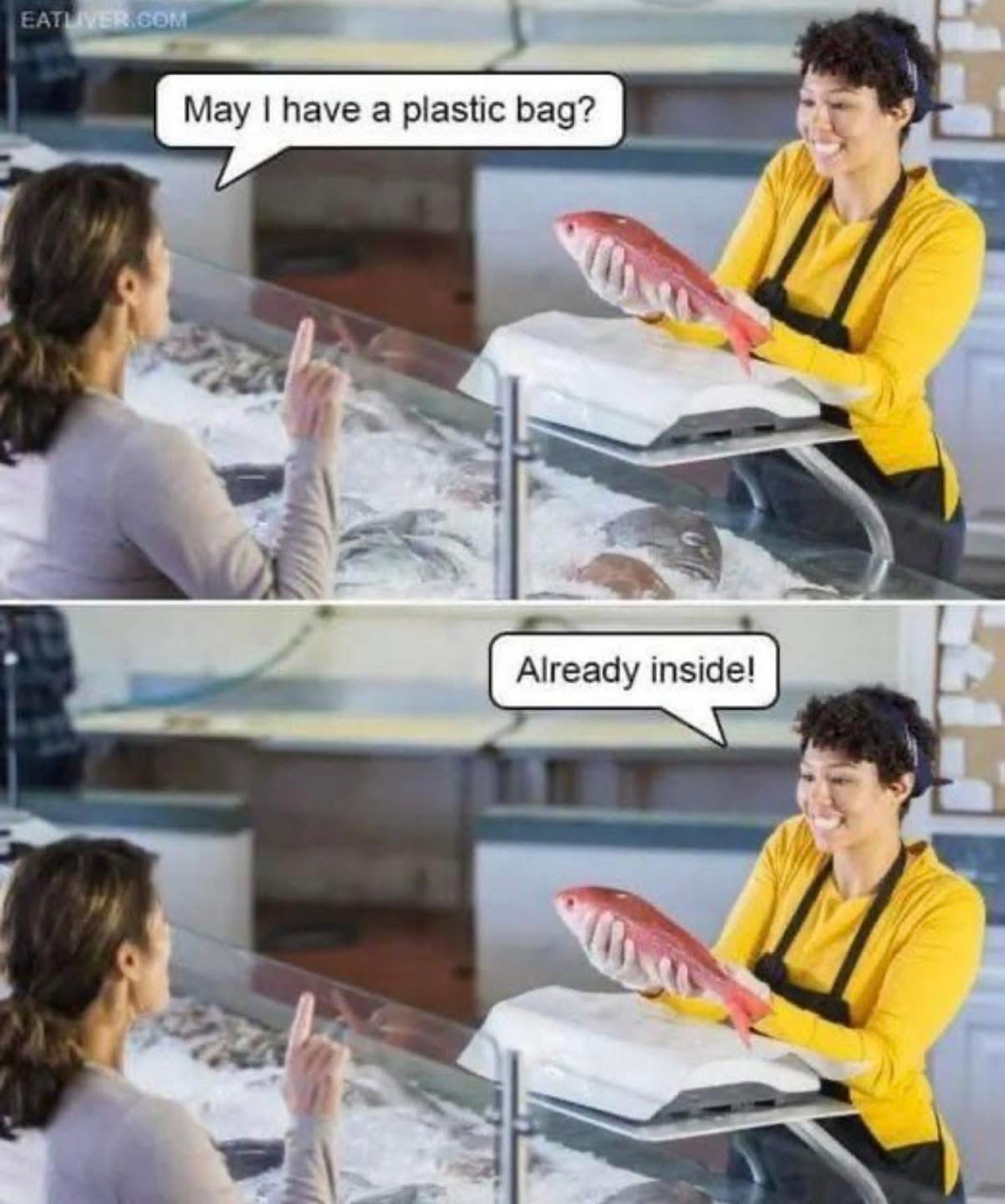 Someone buying a fish at a market asks: May I have a plastic bag? 

Fishmonger: Already inside!