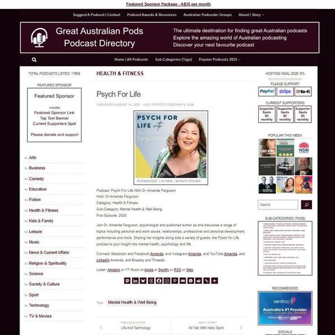 Psych For Life With Dr. Amanda Ferguson 
Screenshot of the podcast listing on the Great Australian Pods website