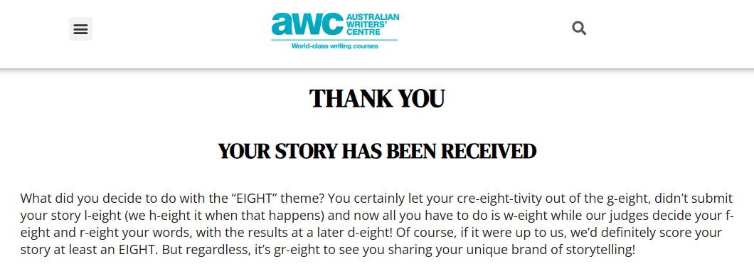 Screenshot of the Furious Fiction "Thank You - Your Story Has Been Received" screen with the question, "What did you decide to do with the EIGHT theme?" of February's challenge.