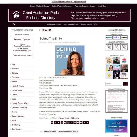 Behind The Smile With Ash Butterss
Screenshot of the podcast listing on the Great Australian Pods website