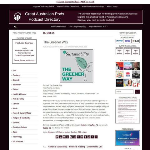 The Greener Way
Screenshot of the podcast listing on the Great Australian Pods website