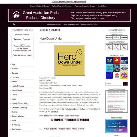 HeroDownUnder 
Screenshot of the podcast listing on the Great Australian Pods website