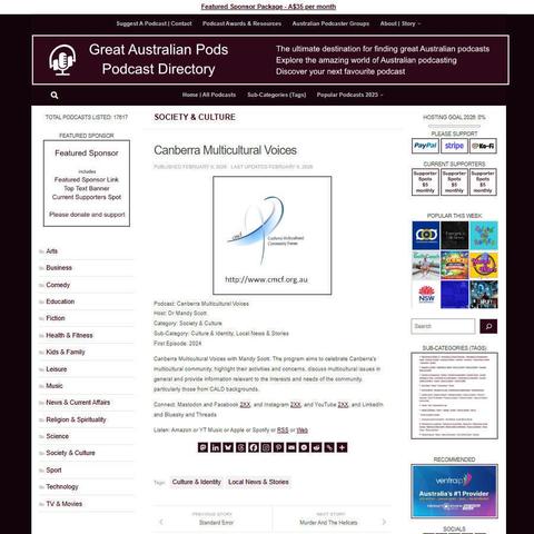Canberra Multicultural Voices
Screenshot of the podcast listing on the Great Australian Pods website