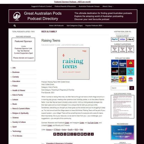 Raising Teens With Collett Smart 
Screenshot of the podcast listing on the Great Australian Pods website
