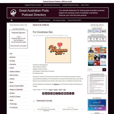 For Goodness Sex 
Screenshot of the podcast listing on the Great Australian Pods website