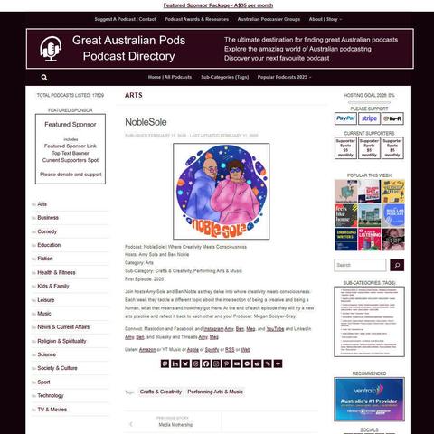 NobleSole | Where Creativity Meets Consciousness
Screenshot of the podcast listing on the Great Australian Pods website