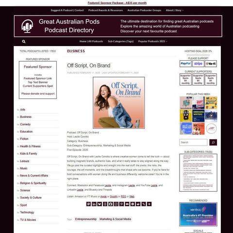 Off Script, On Brand
Screenshot of the podcast listing on the Great Australian Pods website