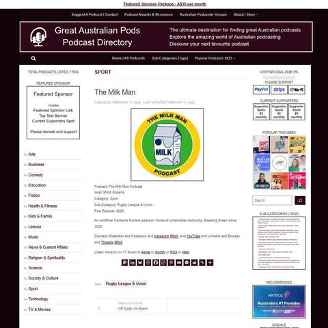 The Milk Man Podcast
Screenshot of the podcast listing on the Great Australian Pods website