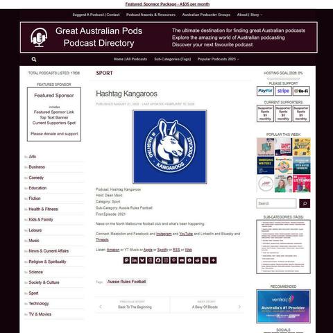 Hashtag Kangaroos
Screenshot of the podcast listing on the Great Australian Pods website
