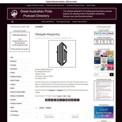 Westgate Wargaming
Screenshot of the podcast listing on the Great Australian Pods website