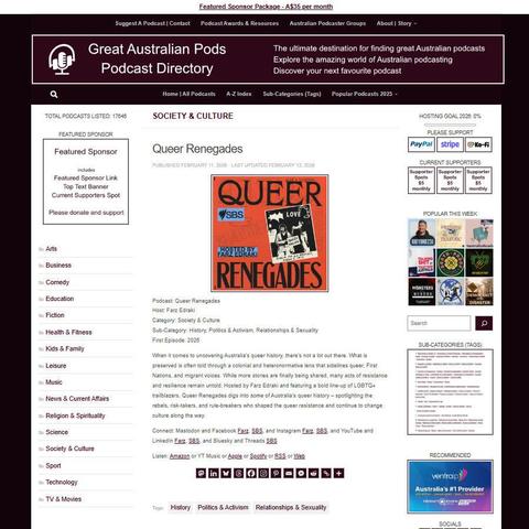 Queer Renegades
Screenshot of the podcast listing on the Great Australian Pods website