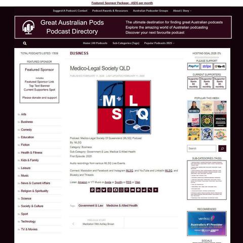 Medico-Legal Society Of Queensland (MLSQ) Podcast
Screenshot of the podcast listing on the Great Australian Pods website
