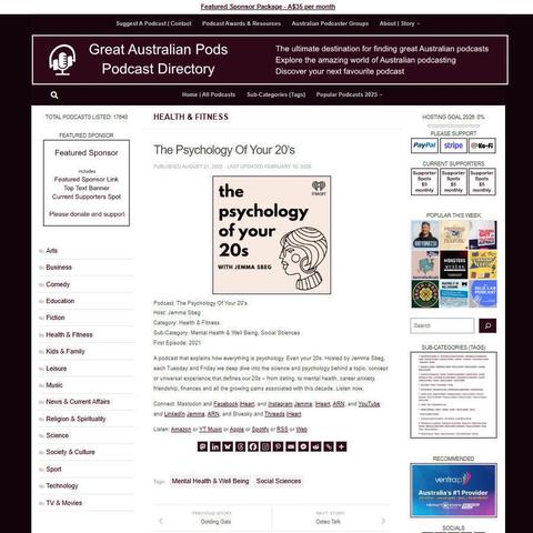 The Psychology Of Your 20's
Screenshot of the podcast listing on the Great Australian Pods website