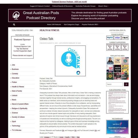 Osteo Talk
Screenshot of the podcast listing on the Great Australian Pods website