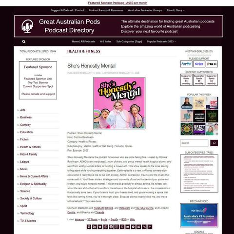 She's Honestly Mental
Screenshot of the podcast listing on the Great Australian Pods website