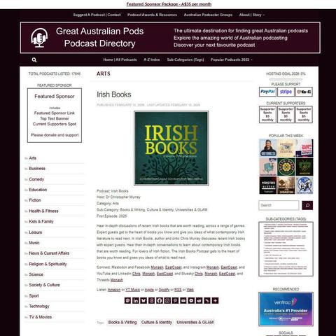 Irish Books
Screenshot of the podcast listing on the Great Australian Pods website