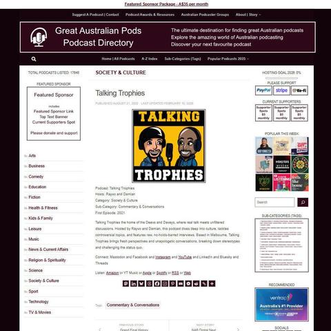Talking Trophies 
Screenshot of the podcast listing on the Great Australian Pods website